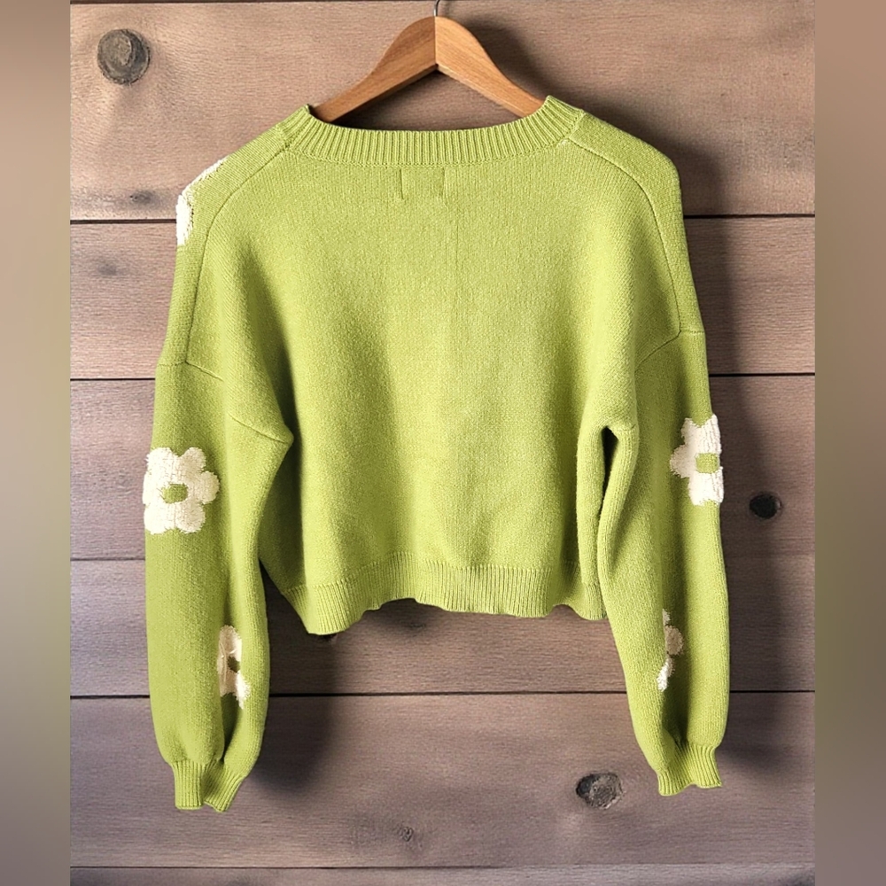 Luna Ivy Lime 3D Ivory Daisy Cropped Sweater Womens L Long Sleeve Retro Crew - Picture 3 of 13